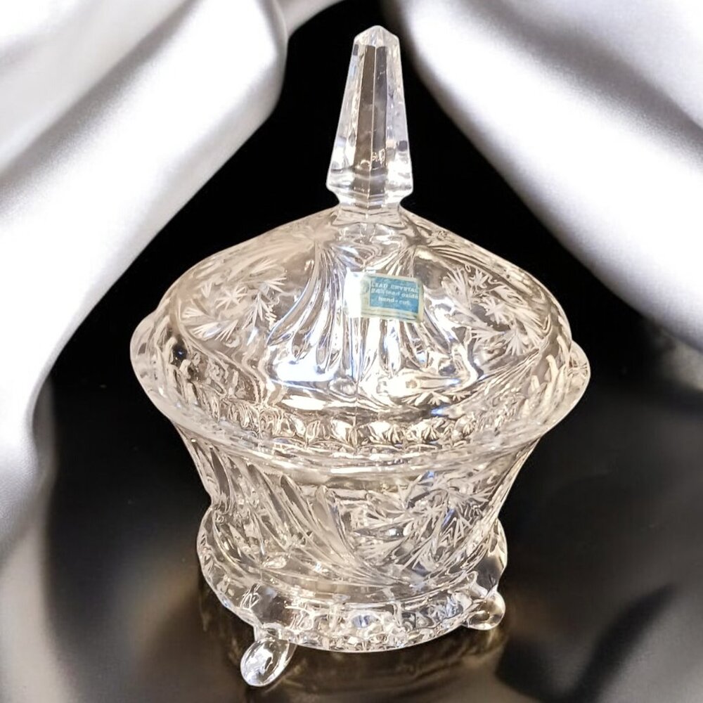 Vintage MCM Two Piece Footed 24% Lead Crystal Lidded Finial Trinket Candy Dish